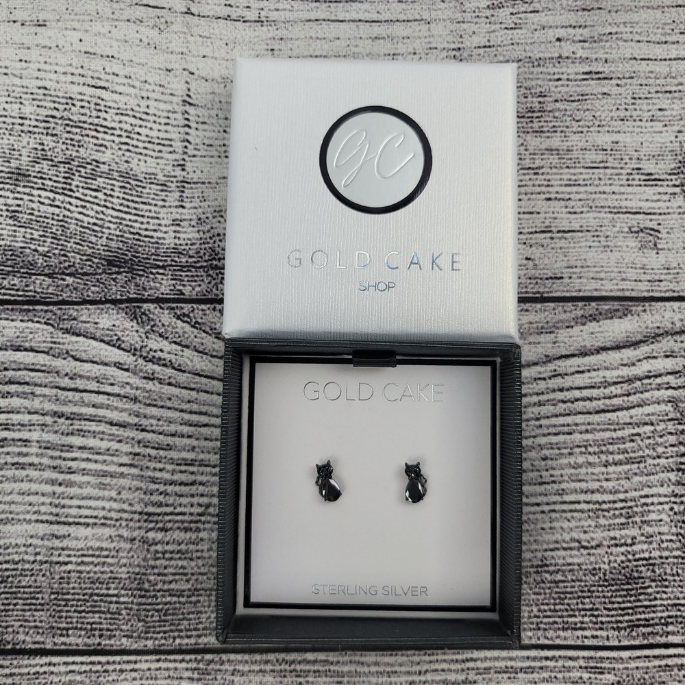 Gold Cake Black Cat Kitty Halloween Stud Sterling Silver Crystal Earrings Mini